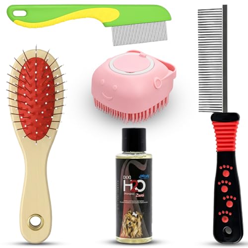 Emily Pets Dog and Cat Grooming Kit Including Flea Comb, Steel Comb, Pin Brush, Silicone Bath Brush, and Pet Shampoo for Hair Loss Care (Color May Vary)