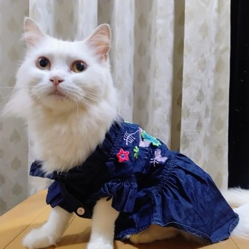 Lulala Pet Dress Shirt Cute Pet Sundress Embroidery Pet Princess Dress Puppy Summer Apparel Clothes Pet Skirt Shirt with Ruffles Dress for Small Pets Cats Puppy(10 Inch,Navy Blue)