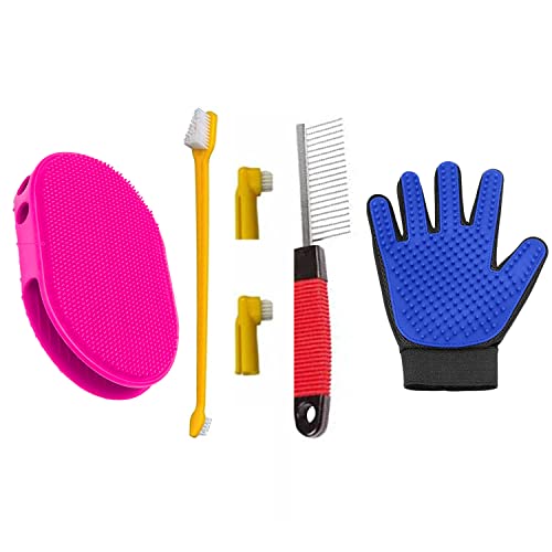 Emily Pets Grooming Kit Pet Comb Pet Tooth Brush Pet Grooming Glove Pet Grooming Brush (Pack of 4)