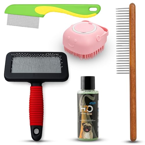 Emily Pets Dog Grooming Kit for Dogs and Cats | Slicker Brush, Flea Comb, Steel Comb, Silicone Bath Brush, and Pet Shampoo | Control Shedding (Color May Vary)