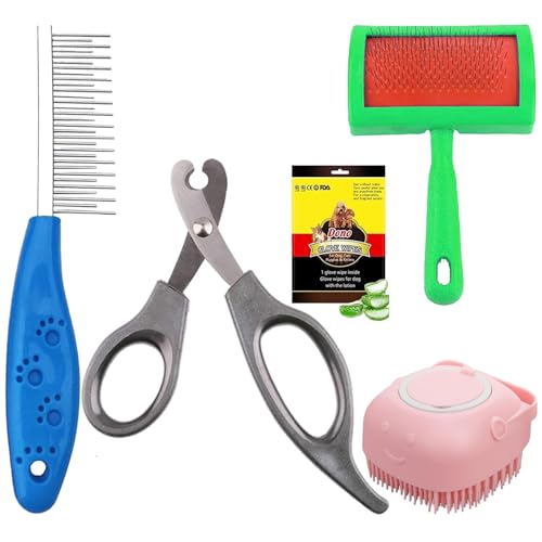 Cature Care by Nature 5-in-1 Dog Brush Grooming Kit -Dog Grooming Supplies Dog Comb for Long Haired Dog, Bath Brush For Long Hair, Wipes Glove, For Dogs And Cats (Set of 5, Color me vary)