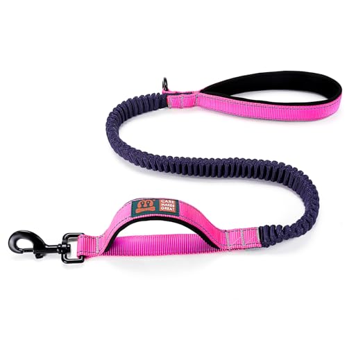 Emily Pets Dog Leash with Double Padded Handles and Bungee Rope, Reflective Training Leash with Traffic Handle for Medium to Large Dog Breeds, Adjustable Lengths (4-5.5 ft) Pink