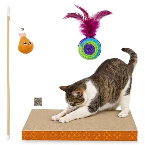 SRI Pet Cat Scratcher Board Combo Toy | Corrugated Cardboard Scratch Pad with Feather Ball, Teaser Wand and Catnip | Interactive Toys for Indoor Cats (Color May Vary)
