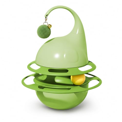 Cature Interactive Cat Toy Treat Dispenser with Hanging Pom Pom Ball, Puzzle Slow Feeder Tumbler Toy for Indoor Cats & Kittens, Green