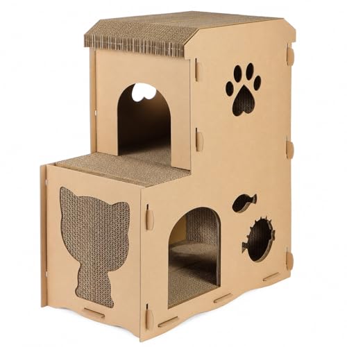Emily Pets 2-Level Cat House & Cardboard Scratcher, Indoor Pet Condo Hideout, Interactive Play Tower, Scratch Pad Furniture for Kittens & Cats