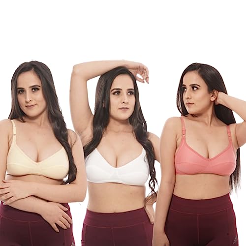Lulala Women's Wirefree Non Padded Super Combed Cotton Elastane Stretch Full Coverage Everyday Bra with Adjustable Straps Cotton White&Coral&Skin 36 B