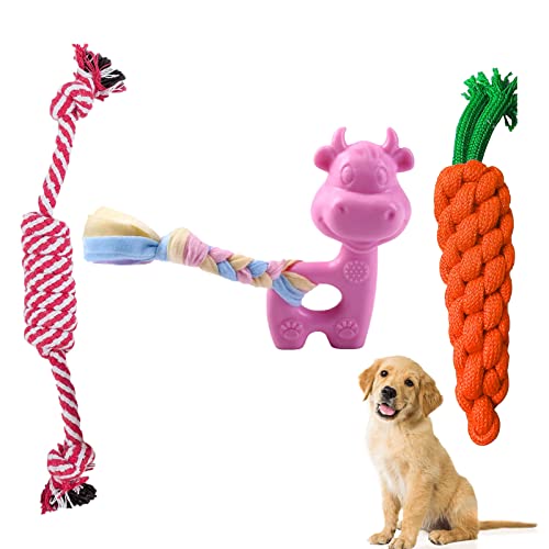 emily pets Rubber Dog Chew Toy, Teething Toy, Cotton Rope Chewing and Playing for Puppies and Small to Medium Size Dogs (Pack of 3, Color May Vary)