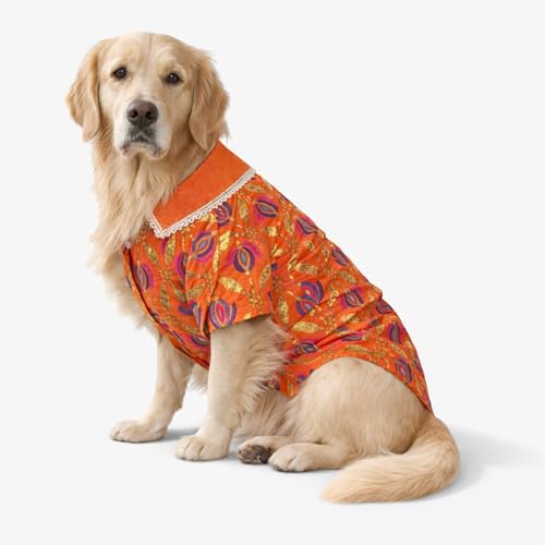 Lualal Ethnic Dog Kurta Shirt for Small to Large Dogs | Orange Printed Festive Dog Clothes with Collar | Traditional Indian Pet Dress for Puppy & All Breeds