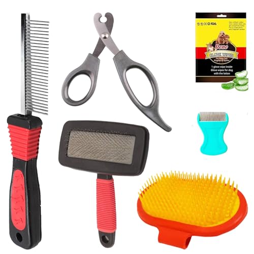 Cature Care by Nature Dog Brush Grooming Combo-Dog Brush, Hand Brush, Wipes Gloves, Dog Hair Removal Comb, Pet Nail Clippers, Shedding Tool for Dogs and Cats (Pack of 6, Color may vary)