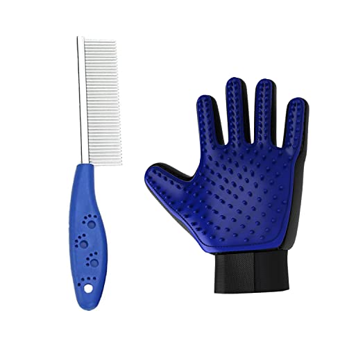 Emily Pets Single Side Stainless Steel Pin Dog Grooming Brush with Soft Grip Plastic Handle For Removing Matted Fur, Knots & Tangles, Shedding Comb With Gloves-Medium (Blue)