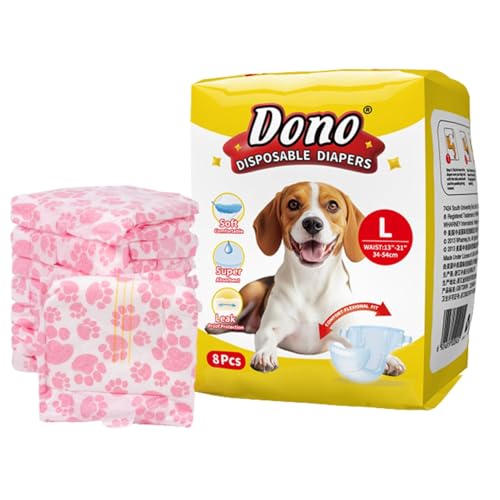 Emily Pets Disposable Diapers for Female Dogs, Size L (34–54cm) Waist Soft Cotton-Like Pet Diapers with Adjustable Tail Hole, Leakproof, Breathable, Reusable Velcro – 8 Pieces