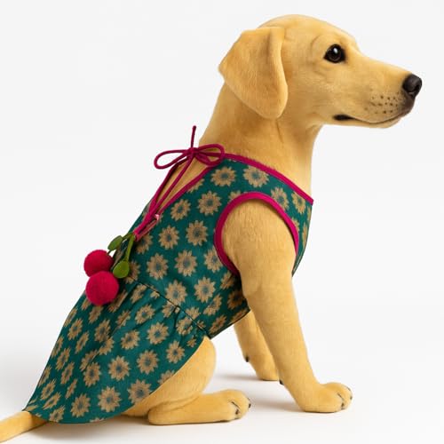 Lulala Dog Dress for Girl Dogs – Dark Green Ethnic Frock with Tie-Up | Stylish Indian Pet Outfit for Small, Medium & Larg Dogs | Lightweight Dog Clothes