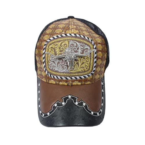 Lulala Straw Design Metallic Rodeo Cowboy Bull Head Metal Logo Trucker Mesh Baseball Cap