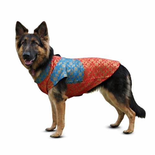 Lulala Ethnic Dog Kurta Dress for Small, Medium & Large Dogs | Red & Blue Brocade Festive Pet Clothing | Soft & Comfortable Indian Wear for German Shepherd & Big Breeds