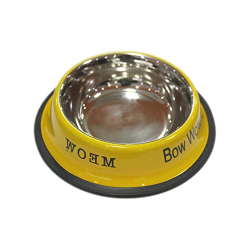 Emily Pets Stainless Steel Paw Printed Food Water Feeding Bowl and Black Rubber Base Dogs & Puppies (Yellow Colour)