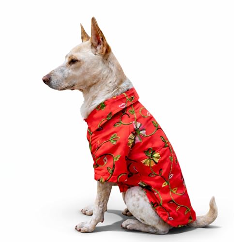 Lulala Ethnic Dog Kurta Shirt for Small to Large Dogs | Red Floral Printed Festive Dog Clothes with Collar | Traditional Indian Pet Dress for All Breeds