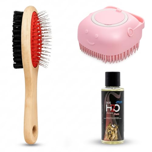 Emily Pets 3-in-1 Pet Grooming Kit for Dogs & Cats | Slicker Brush, Silicone Bath Brush & Dog Shampoo | Shedding, Cleaning & Massage Tool