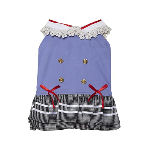 Lulala Striped Dog Dress Tutu Frock Flower Girl One-Piece with Bowknot Lace and 4 Button Pet Clothes for Wedding Birthday Party Farmal Navy Dress Doggy Gown Outfits Cat Apparel(XS,LightBlue)