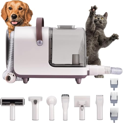Emily Pets 6-in-1 Pet Grooming Vacuum Kit for Dogs and Cats, 2.5L Capacity, Electric Hair Clipper, Low Noise, Ceramic Blade, Battery Powered