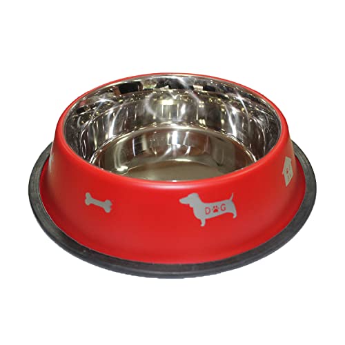 Emily Pets Stainless Steel Printed Food Water Feeding Bowl and Black Rubber Base Dogs & Puppies (Red Colour),Large