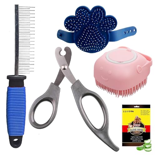 Cature Care by Nature Dog Grooming Kit - Dog Nail Scissors, Pet Bath Brush Grooming Comb with Pet Single Steel Comb, Pet Wipes Glove for Dog, Puppy, Cat and Kitten (Pack of 5, Color me vary)