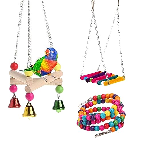 WildBird Care Natural Wood Bead Chain Swing Toy, Chew Toys with Hanging Cage Toys for Small Parakeets, Cockatiels, Conures, Finches, Budgie, Parrots (Pack =3)