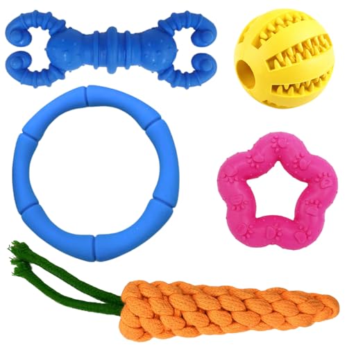 SRI Pet Dog Chew Toy Set for Puppies and Small Dogs - 5 Piece Non-Toxic Rubber and Rope Toys, Teething Pain Relief, Teeth Cleaning, Tug Ring, Treat Ball (Multicolor)