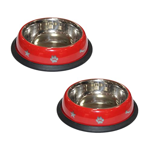 emily pets Stainless Steel Printed Food Water Feeding Bowl And Black Rubber Base Dogs & Puppies (Multi Colour) Pack Of Two,?15.5 cm,H_3.2 cm,W_15.5 cm