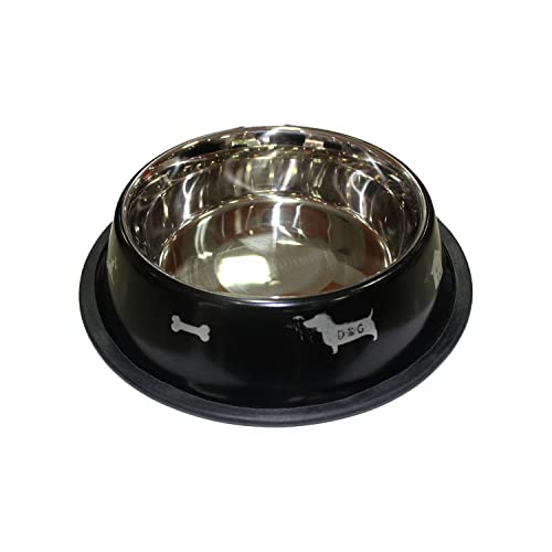Emily Pets Stainless Steel Printed Food Water Feeding Bowl and Black Rubber Base Dogs & Puppies (Black Colour)