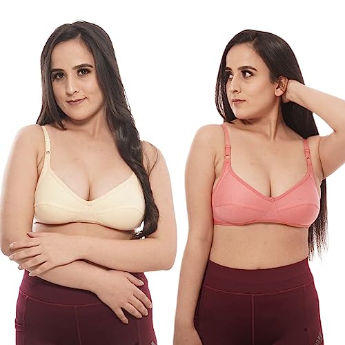 Lulala Women's Wirefree Non Padded Super Combed Cotton Elastane Stretch Full Coverage Everyday Bra with Adjustable Straps Cotton Coral&Skin 38 B