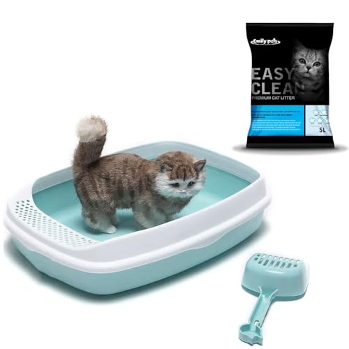 Emily Pets Cat Litter Box Open Cat Litter with Cat Toilet Large Space Large Capacity Pet Supplies Cat Litter and Free 5L Cat Litter and Spoon (Blue)