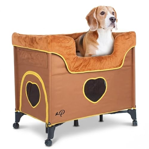 emily pets Bedside Lounge Dog Bed, Two-Level Elevated Pet Cot with Wheels, Soft Cushioned Top, Den-Style Bottom, with Travel Tote