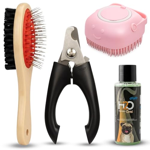 Emily Pets 4-in-1 Pet Grooming Kit for Dogs & Cats – Double-Sided Brush, Nail Clipper, Bath Massage Brush & Pet Shampoo
