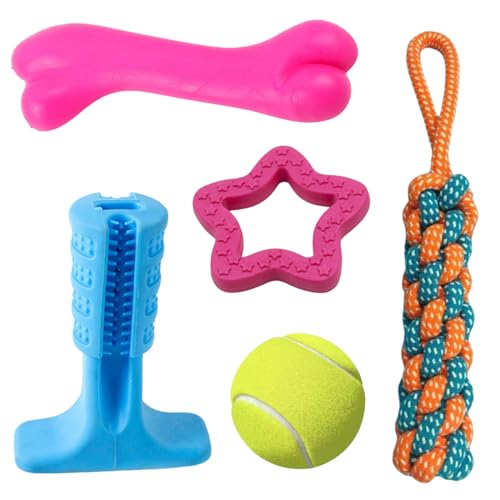 SRI Pet Dog Chew Toy Set for Puppies and Small Dogs, Non-Toxic Rubber and Rope Toys, Relieves Teething Pain, Cleans Teeth, Includes Tug Rope, Ball, and Chew Bone (Multicolor – 5 Pieces)