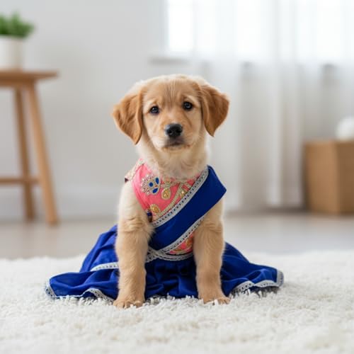 Lulala Traditional Indian Dog Dress for Festivals & Weddings | Sari-Style Ethnic Outfit for Dogs | Orange & Blue Designer Pet Costume with Golden Border for Small to Large Breeds