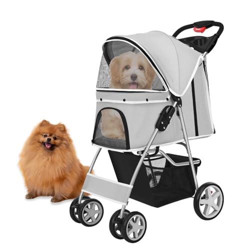 Emily Pets Pet Stroller for Dogs, Cats & Small Animals 4-Wheel Foldable Carrier with Sunshade, Mesh Windows, Cup Holder Portable Travel Stroller for Jogging, Walking – Up to 30 lbs Grey