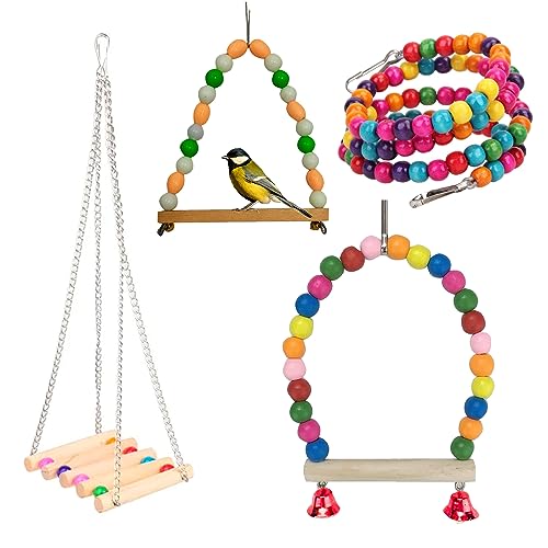 WildbirdCare Natural Wood Bead Chain Swing Toy, Chew Toys with Hanging Cage Toys for Small Parakeets, Cockatiels, Conures, Finches, Budgie, Parrots (Pack 4)
