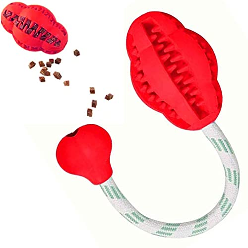 emily pets Dog Chew Fetch Rope Toy for Aggressive Chewers,pet Food Dispenser Leaking Rugby Ball Toy with Toothbrush Dog Chew Ball Natural Rubber Molar Stick Chew Toys Tug of war(Red)