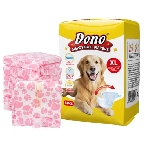 Emily Pets Disposable Diapers for Female Dogs, Size XL (34–54cm) Waist Soft Cotton-Like Pet Diapers with Adjustable Tail Hole, Leakproof, Breathable, Reusable Velcro – 8 Pieces