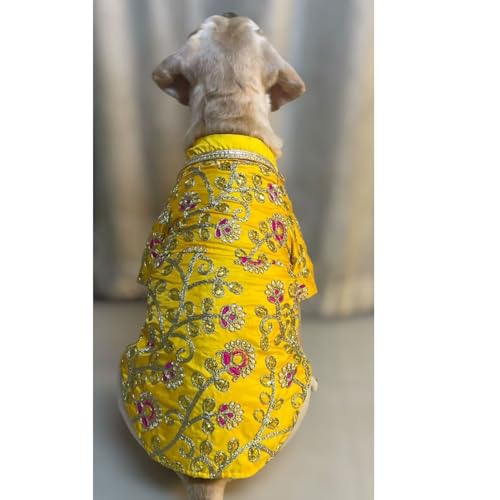 Lulala Traditional Dog Dress for Weddings & Festivals – Yellow Embroidered Ethnic Outfit for Small, Medium & Large Dogs | Comfortable Pet Costume