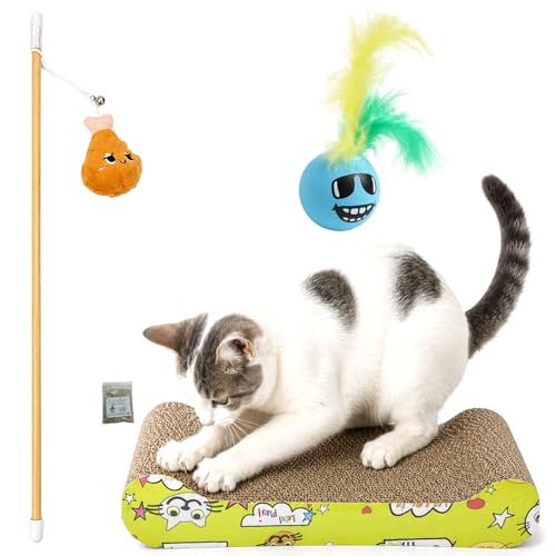 SRI Pet Cat Scratcher Board Combo Toy Set, Including Wand, Feathered Ball, and Catnip | Corrugated Scratch Pad for Indoor Cats and Kittens (Color May Vary)
