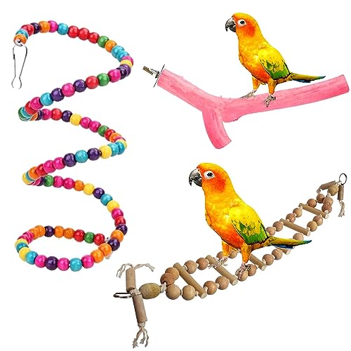 WildBird Care Natural Wood Bead Chain Swing Toy, Chew Toys with Hanging Cage Toys for Small Parakeets, Cockatiels, Conures, Finches, Budgie, Parrots (Pack-3)