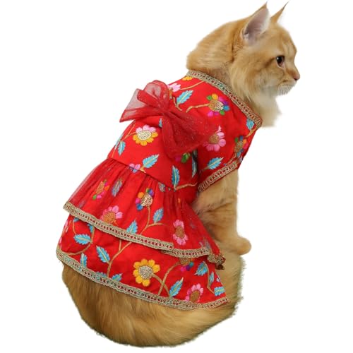 Lulala Traditional Floral Cat Dress, Red with Embroidered Flowers, Gold Lace Trim, Layered Design with Bow (28 Inch)