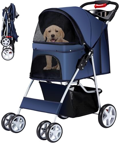 Emily Pets Pet Stroller for Dogs, Cats & Small Animals 4-Wheel Foldable Carrier with Sunshade, Mesh Windows, Cup Holder Portable Travel Stroller for Jogging, Walking – Up to 30 lbs Blue