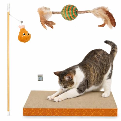 SRI Pet 3-in-1 Cat Scratching Board Combo, with Toy Wand, Feathers, and Ball | Corrugated Cardboard Scratcher Pad | Anti-Slip Base (Color May Vary)