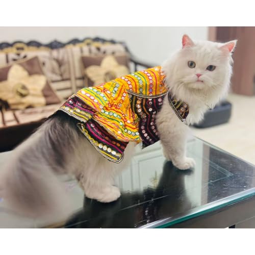 Lulala Traditional Dog Dress – Yellow Multicolor Ethnic Outfit with Embroidery, Adjustable for Small, Medium and Large Dogs