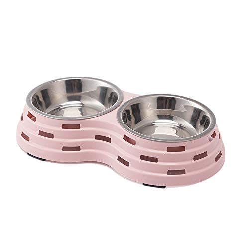 Emily Pets Pet Stainless Steel Double Diner Dog and Cat Food Bowl Set with Anti Slip with Cute Modeling Pet Food Water Feeder(L,Pink-41.5 * 22 * 7cm)