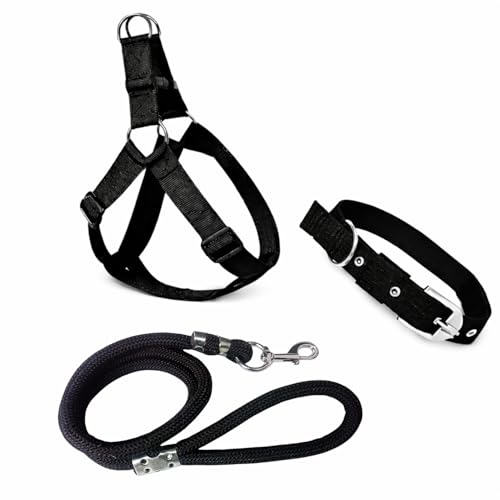 SRI Pet Dog Harness, Collar & Leash Set for Small, Medium & Large Dogs | Adjustable Nylon No-Pull Harness with Strong Rope Leash & Buckle Collar | Comfortable Walking & Training Set (Black)