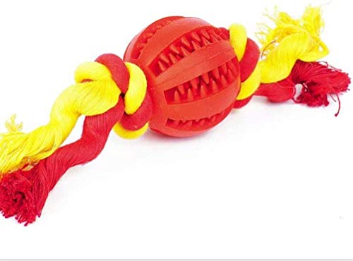 emily pets Dog Rope Toy Dog Ball Tug of War Toy for Cleaning Teeth and Removing Dental Calculus, Tug of War Non-Toxic Natural Rubber Leaking Food Dispenser Indestructible Ball with Training-Rope(Red)