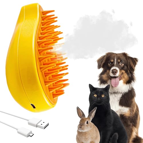 Emily Pets Cat Steam Brush, 3 in1 Cat Steam Brush, Dog Brush for Shedding, Multifunctional Rechargeable Silicone Cat Hair Brush for Removing Tangled and Loose Hair, Cat Grooming Supplies Yellow